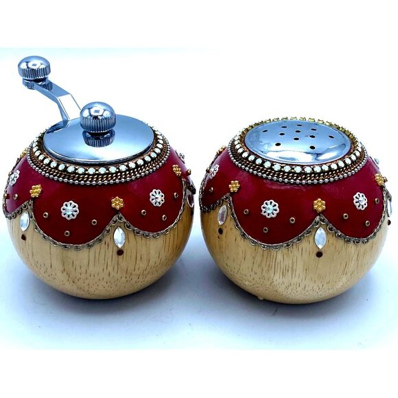 Florentine Elaborate Wood Hand Decorated Ball Salt Shaker and Pepper Mill Wood S - Picture 1 of 6